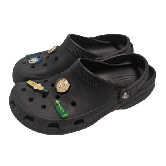 Crocs Classic Clogs Black Mens 9 Womens 11 with Rick and Morty Jibbitz Charms